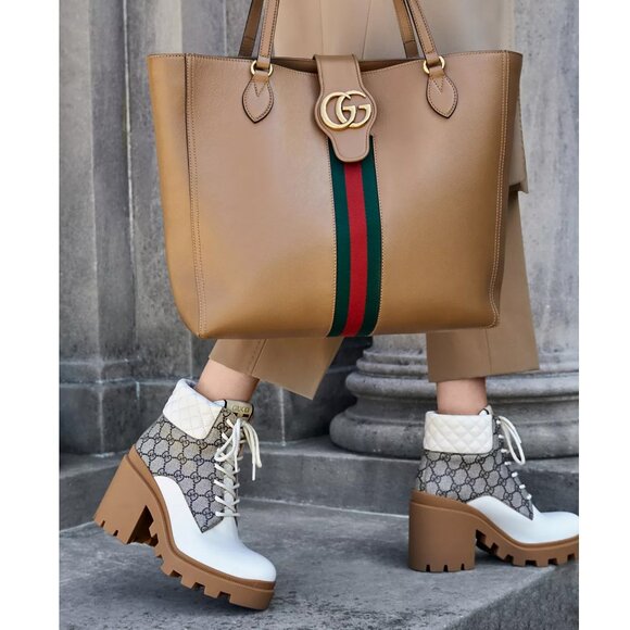 GUCCI BOOTS GG LOGO PLATFORM BLOCK HEEL ANKLE BOOTIES QUILTED - Picture 4 of 16